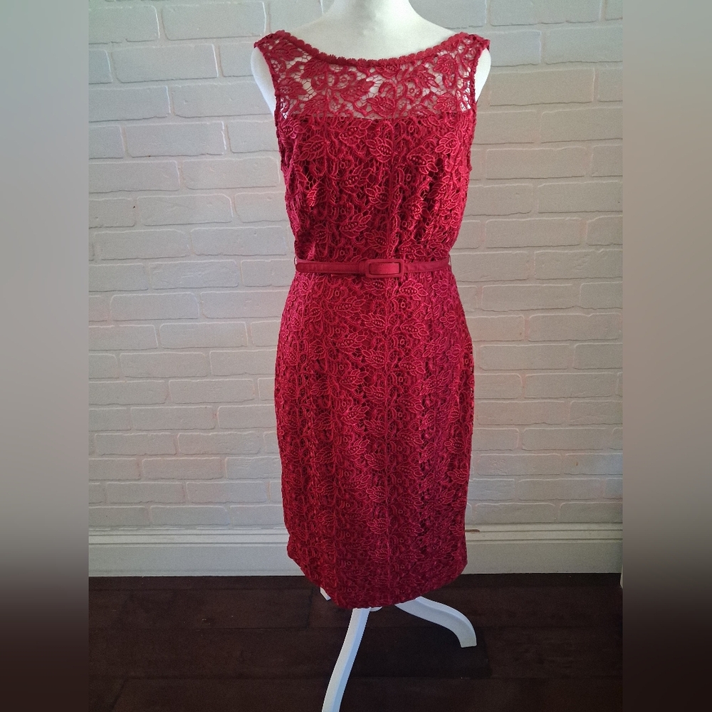 White House Black Market Wine Colored Lace Sheath Dress with Belt